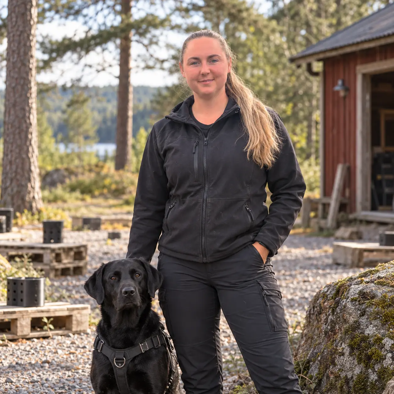Nicoline Krulle Yildiz med en svart sökhund